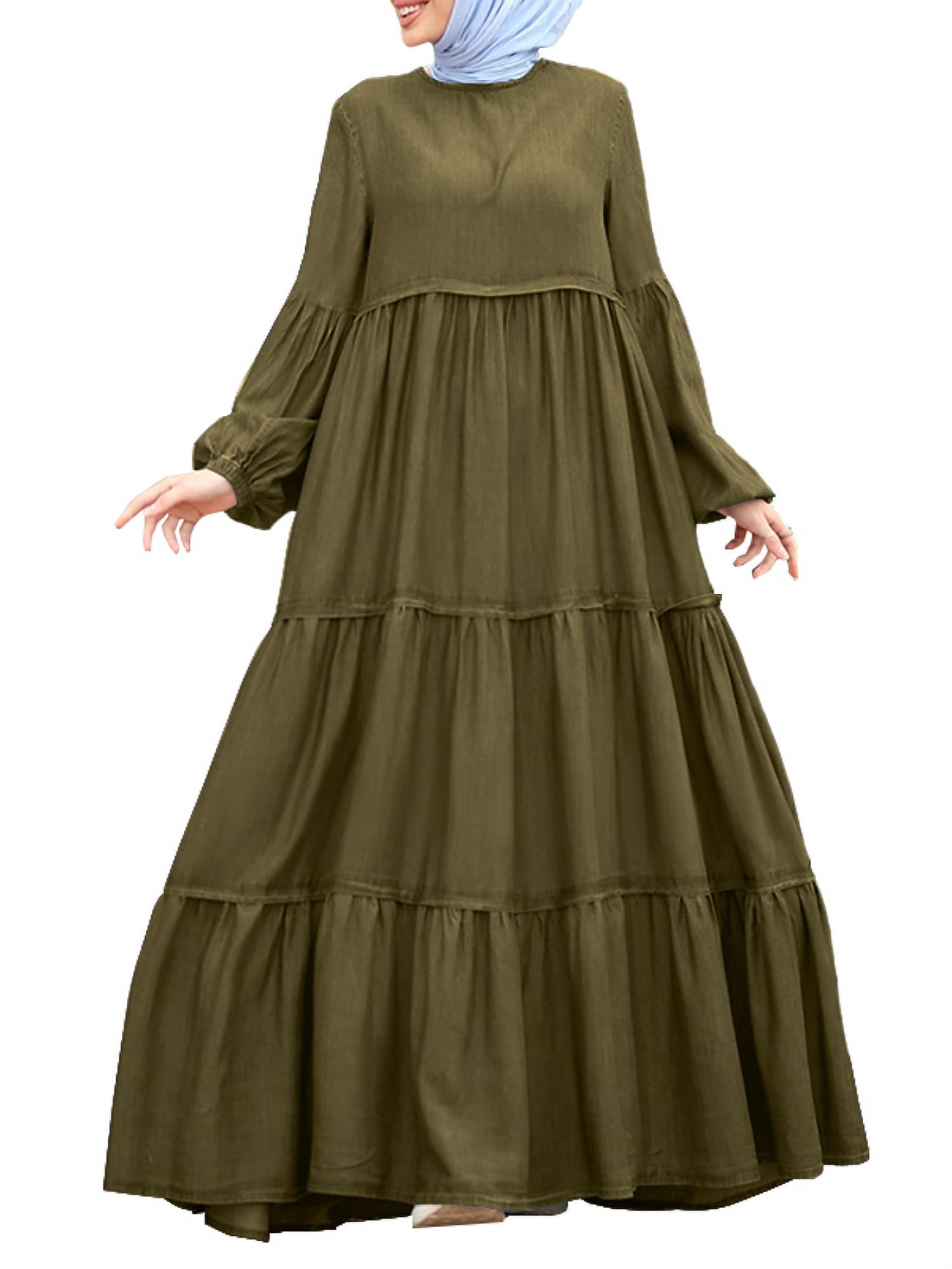 Zanzea Muslim Dresses for Women Vintage Puff Sleeve Buttons Patchwork Maxi Dress, Women's, Size: Large, Green