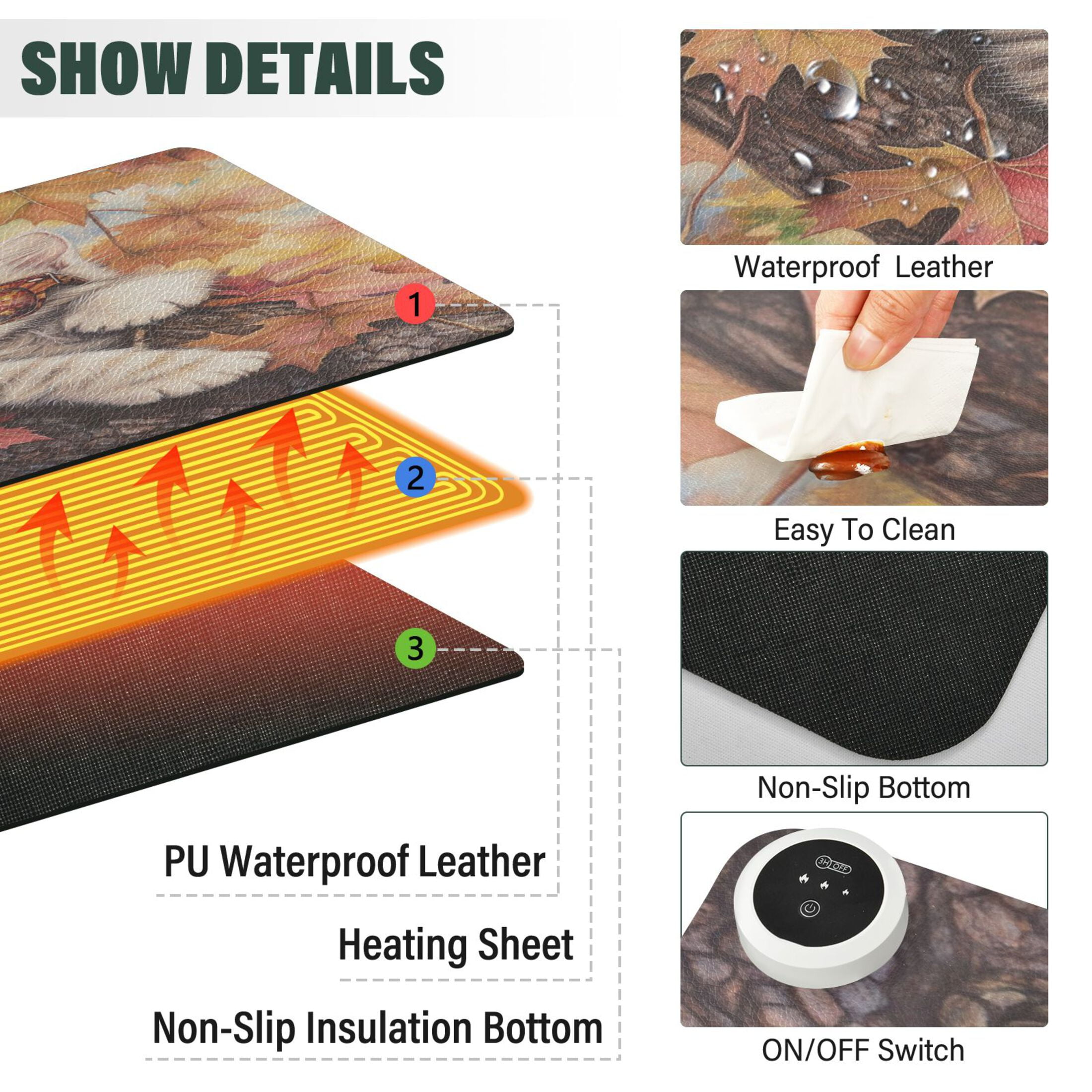 Wobogo Maple Leaf Cat Heated Mouse Pad Extra-Large Desk Mat With 3 Heating Levels and 3-hour Auto Shut-Off Protection Ideal for Computer Keyboards Home Office Hand-warming Essential 31.5in × 13in