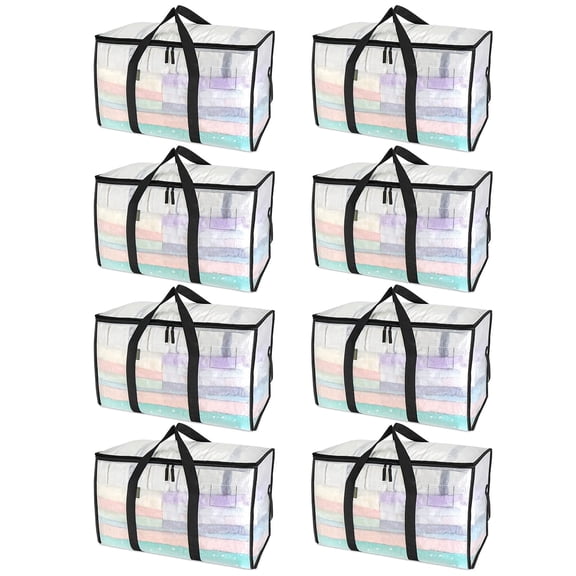 8 Pack Extra Heavy Duty Large Moving Bags, 24 Gallon Clear Clothes Storage Bags with Strong Zipper, Comfortable Handles and Tag Pocket for Moving, Packing, College Dorm, Closet Storage