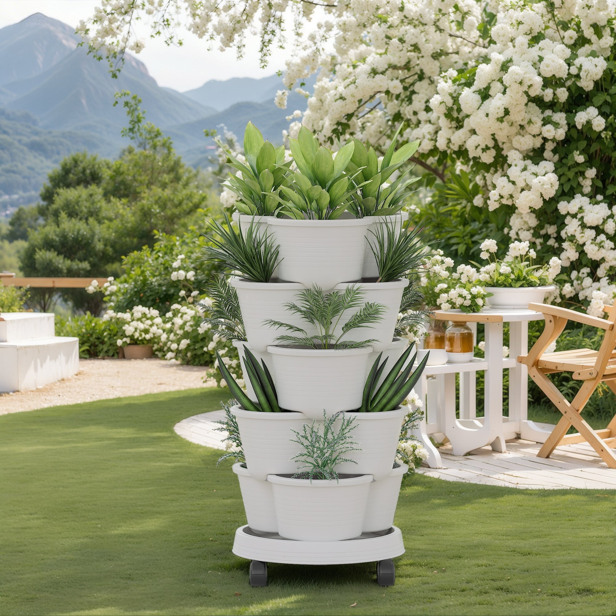 VECELO Stackable Planters 5 Tier Vertical Gardening Planter, Stackable Garden Tower Indoor Outdoor Pot For Strawberries, Flowers, Herbs, Vegetables With Removable Wheels, Gray