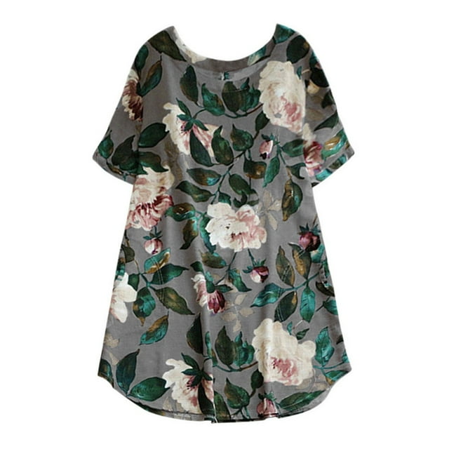 Pompotops Robe à Manches Courtes en Mélange de Coton Imprimé Fleurs et Feuilles pour Femmes