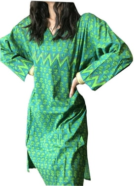 Mogul Women Green Printed Long Tunic Summer Fashion Kurti Tunic Blouse Dress XL