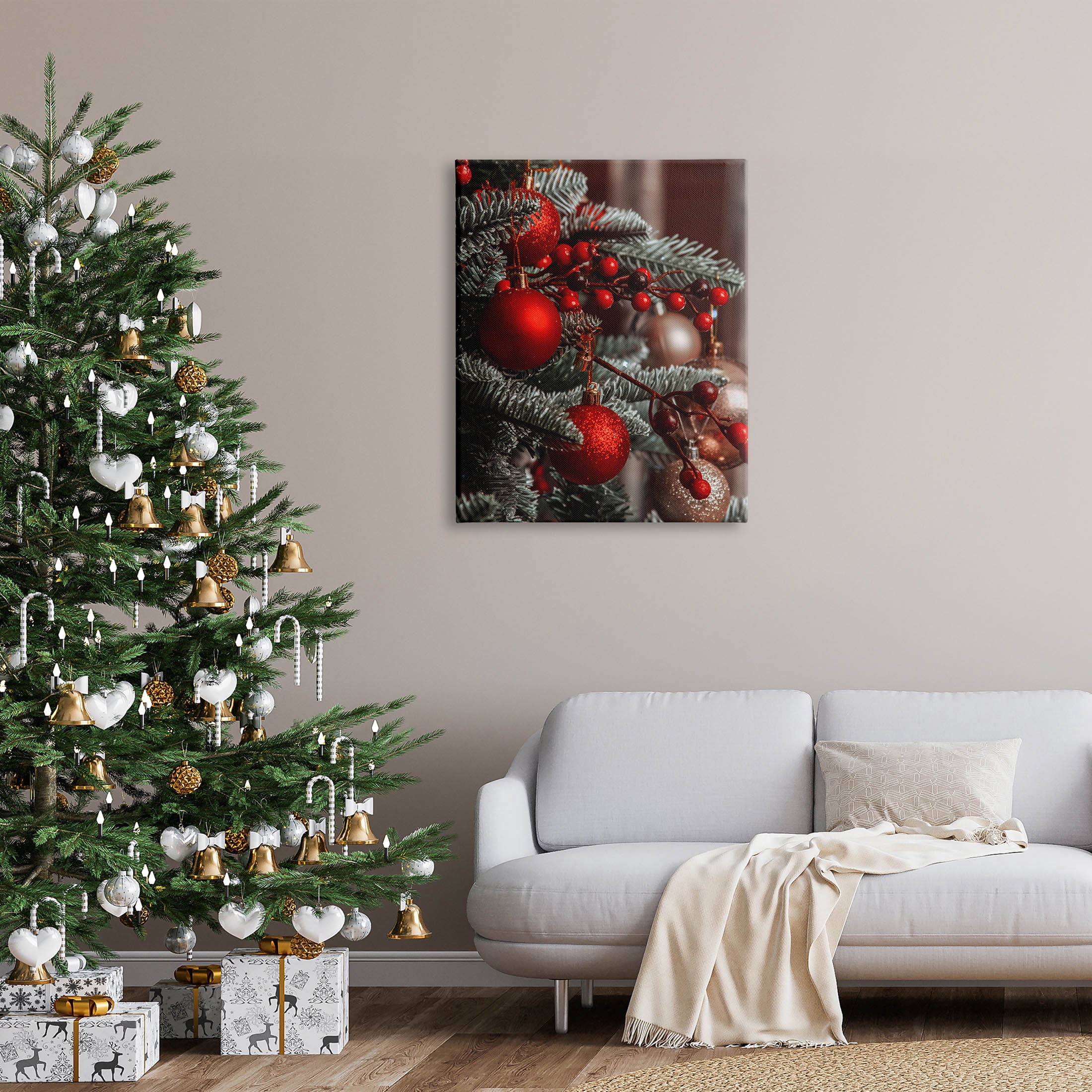 Hanging Red Ornaments Christmas Tree Holiday Photograph Gallery Wrapped Canvas Print Wall Art