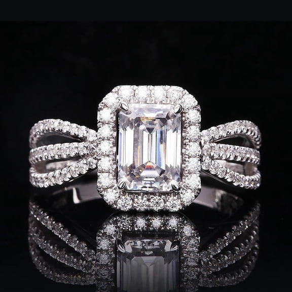 Eloya Jewel 2.4 Ct Emerald Cut Diamond Engagement Ring - 14K White Gold Plated Split Shank Design - Elegant Ring for Women - Ideal for Timeless Love Celebrations