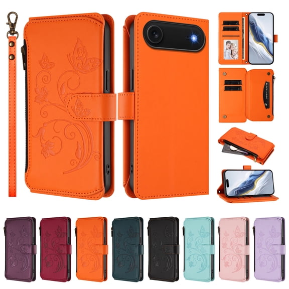 ELEHOLD Wallet Case For iPhone Air, Butterfly Flower Pattern Leather Flip Kickstand Card Holder Zipper Pocket Magnetic Closure Wallet Cover With Crossbody Strap Lanyard ,Orange