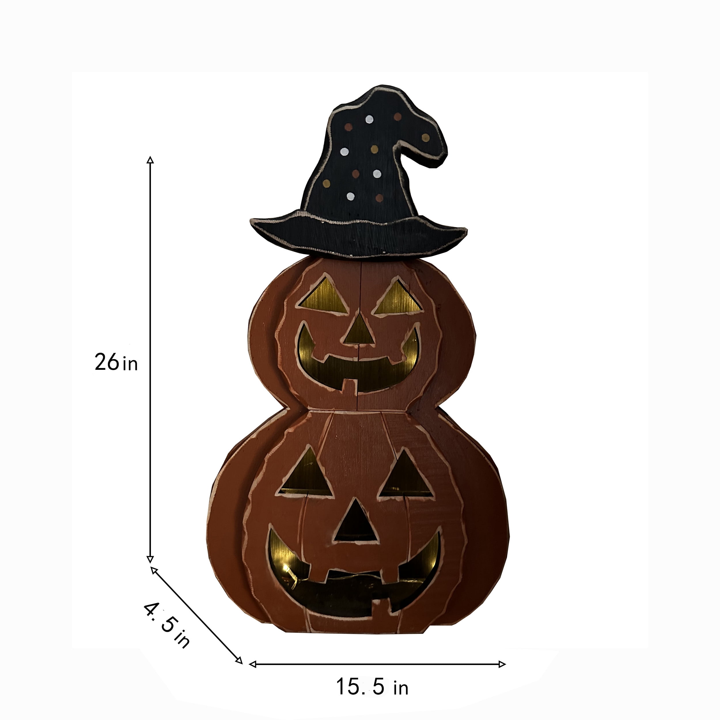 25in Wooden Lighted Jack O Lantern with Hat and Timer Battery Operated Halloween Decor