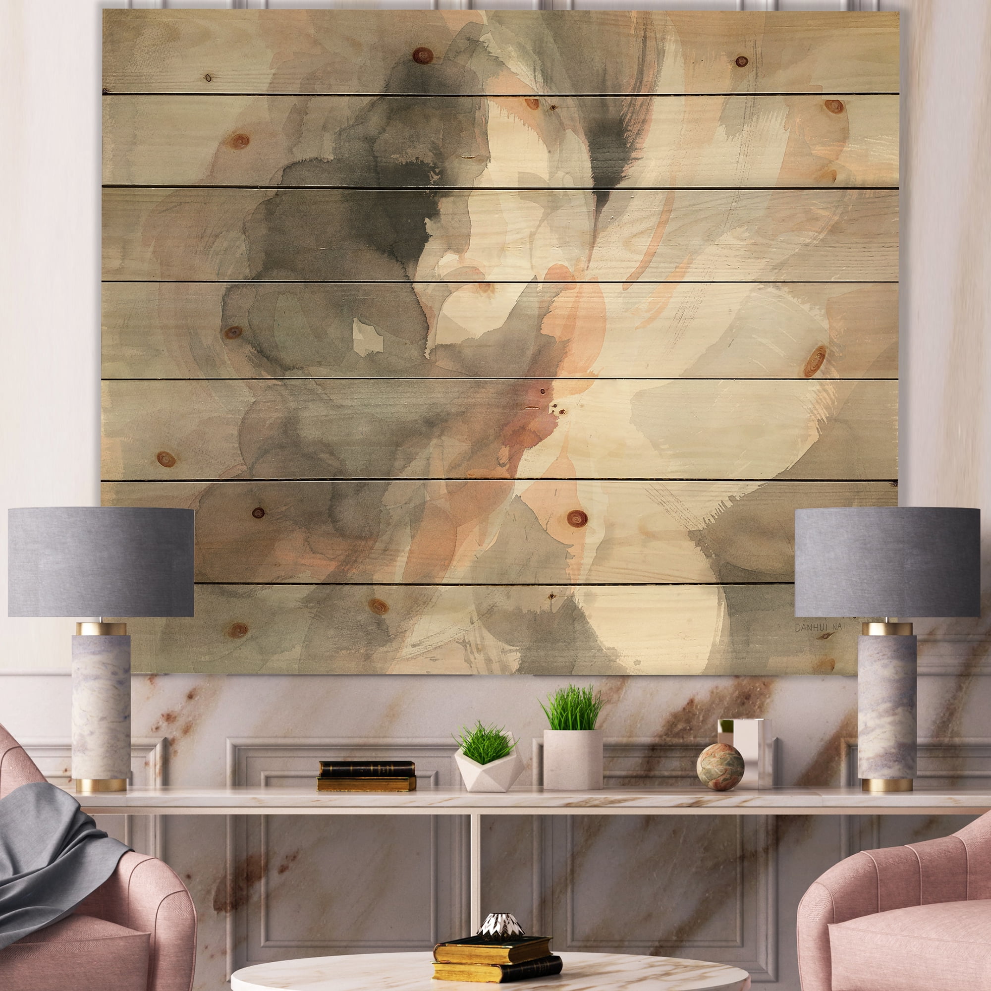 Designart 'Abstract Peony Grey' Pink Modern Print on Natural Pine Wood