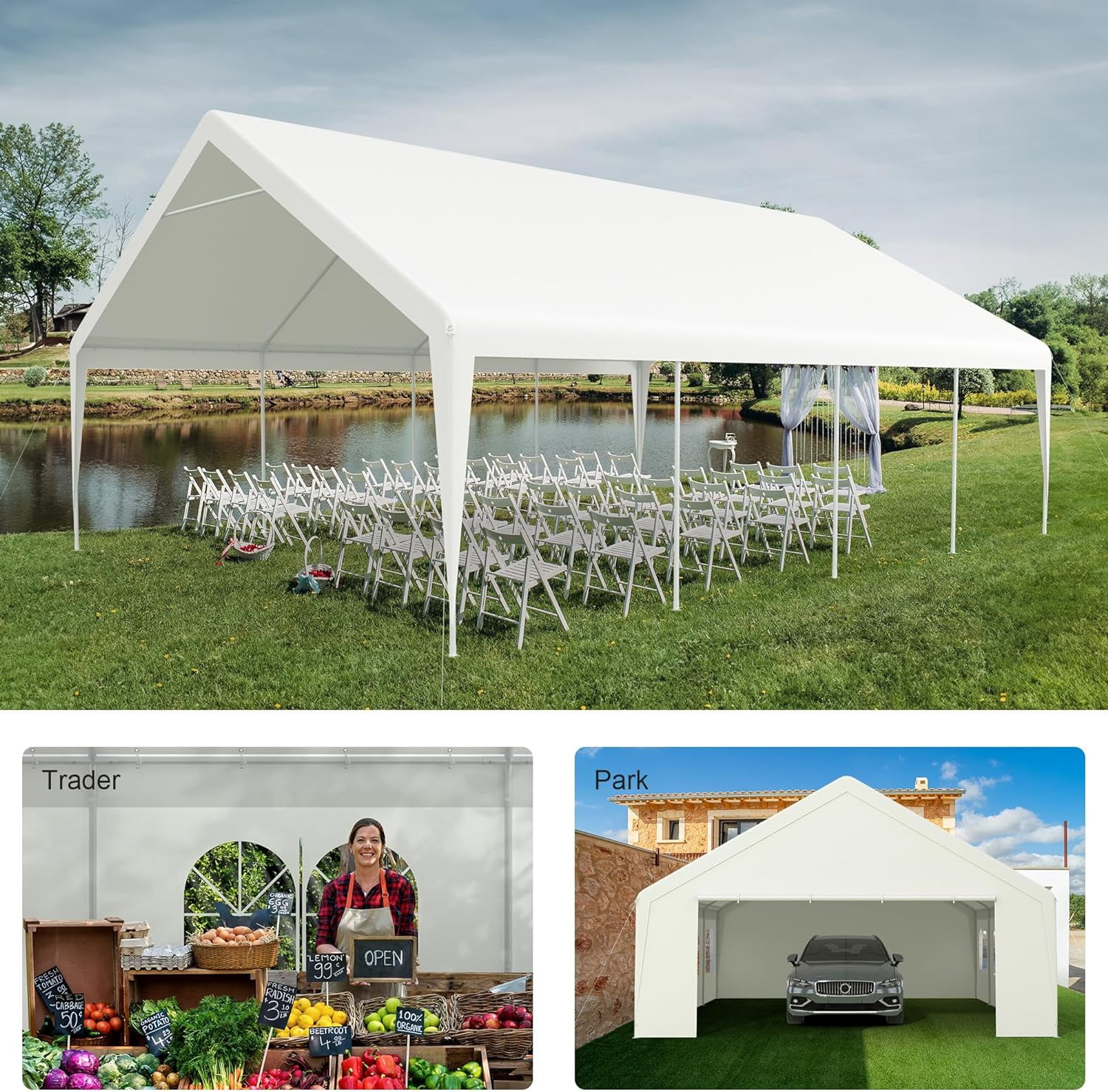 Phonjoroo Heavy Duty 20 x 26 Car Port Large Metal Shelter Carports Portable Garage Canopy Tent for Parties, Event, RV, Boat (20x26ft)