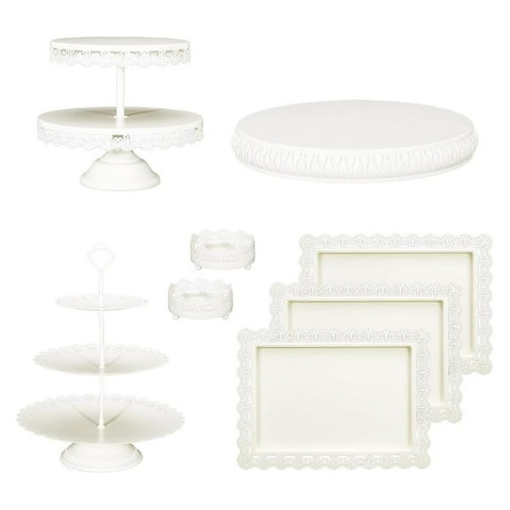 Metal Cake Stand Set 8 Pcs - Large 15" Base, 2 & 3 Tier Dessert Stands - Lace Edge Serving Trays - Wedding, Birthday, Party Decor - Cream White