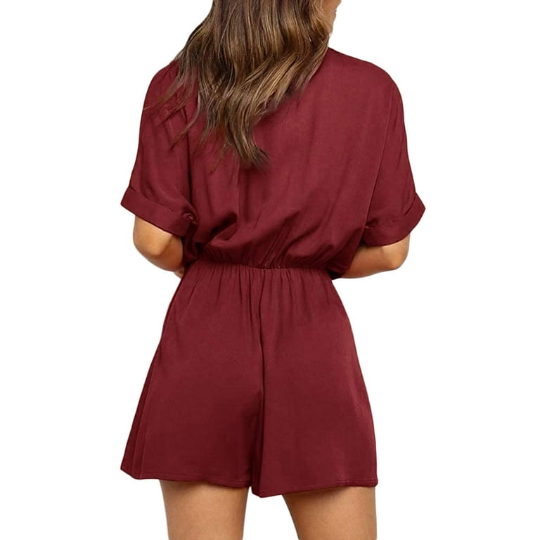 Sunisery Womens V Neck Button Down Shorts Rompers Tie Knot Front Short  Sleeve Sexy Loose Jumpsuit Playsuit with Pockets 