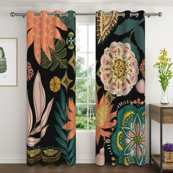 Lfeey Black Floral Blackout Curtains, Room Darkening Curtains for Living Room, Grommet Window Drapes, 42"x63" 2 Panels