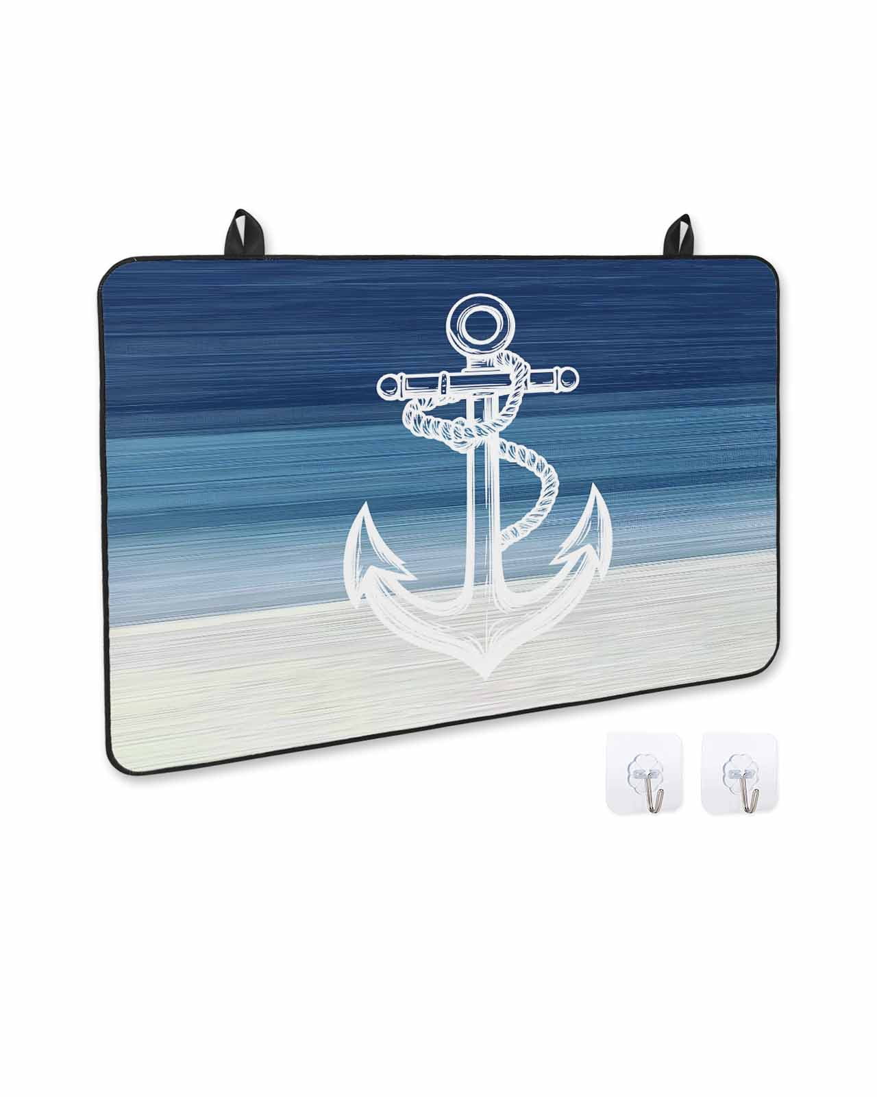 nqOlkjepod Large Induction Cooktop Protector Mat 36"x21", Nautical Anchor Navy Blue Stove Top Covers for Electric Stove, Coastal Ocean Ombre Striped Stove Burner Cover Mats, Glass Top Stove Cover