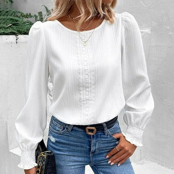 RXIRUCGD Women's Casual Solid Color Lace Patchwork Long Sleeved Round Neck Top/shirt, White, Size: S