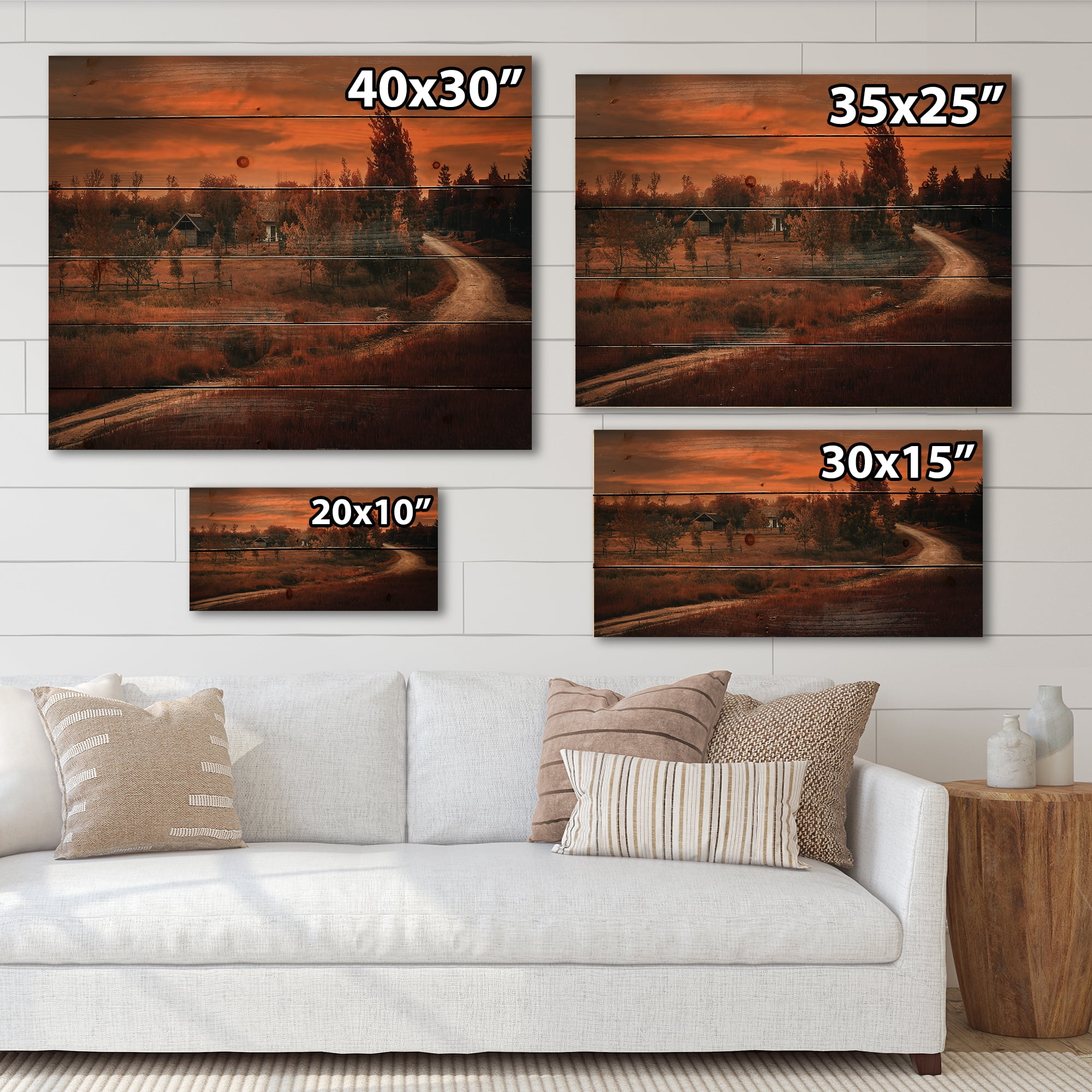 Designart 'The Road By The Farm In Dark Pink Sunset' Farmhouse Print on Natural Pine Wood