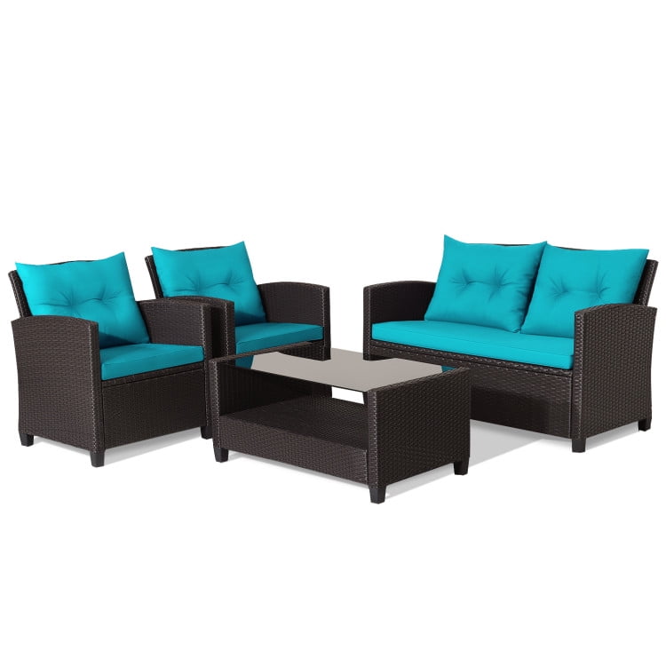 Aimee Lii 4 Pieces Wicker Patio Furniture Set with Tempered Glass Coffee Table, Wicker Outdoor Sectional, Turquoise Aimee Lii 4 Pieces Wicker Patio Furniture Set with Tempered Glass Coffee Table, Wicker Outdoor Sectional, Turquoise