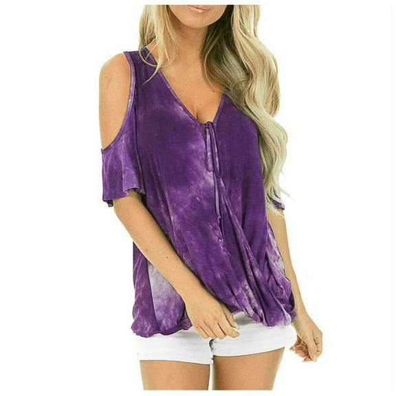 QLEICOM Women 2023 Summer Tops T-shirt Casual Short Sleeve Lace Up V-Neck Loose Print Tie Dyed Tops Purple XXL, US Size 12