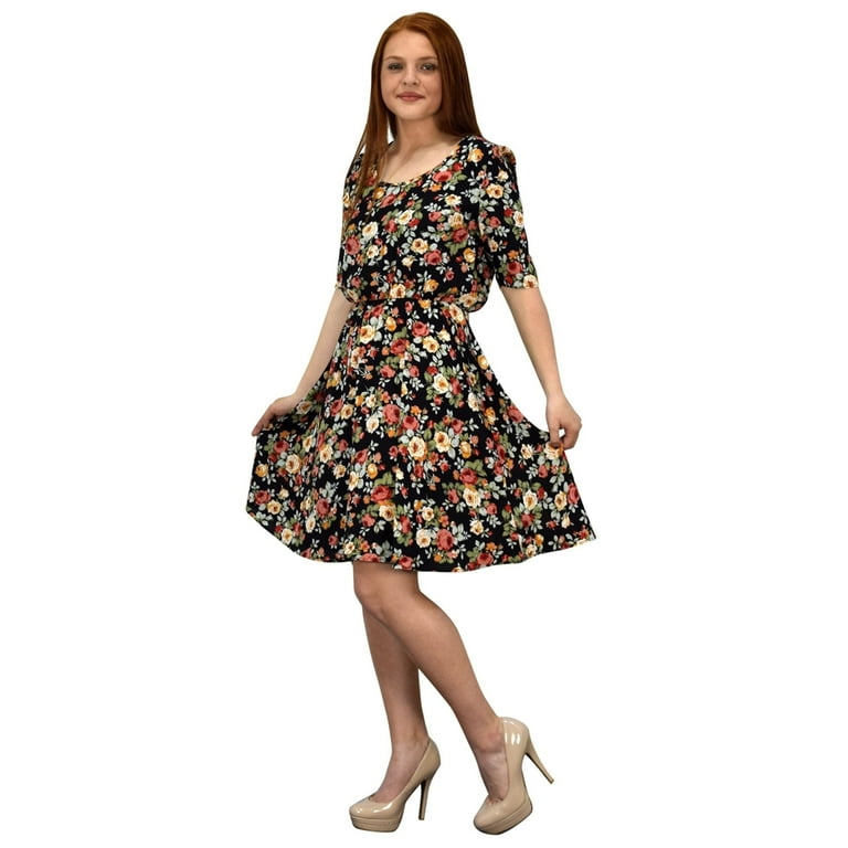 half sleeve skater dress Peach Couture Womens Half Sleeves Rose Floral Print Princess Seam Skater Dress Navy Medium