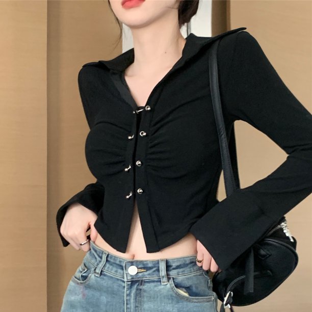 Camisetas para mujer, sexys, dulces, ajustadas, con botones de metal, diseño vital, estilo coreano, llamativas, femeninas, elegantes, con cuello vuelto, para verano.
