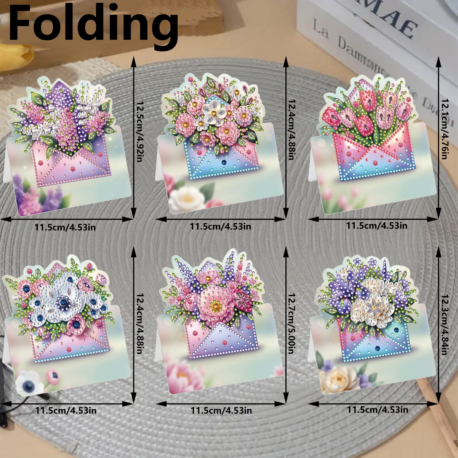 FLOPESN 6Pcs DIY Diamond Art Greeting Cards Set, Spring Flower 3D Folding Thank You Card For Birthday Holiday Blessing Gift(included envelopes)