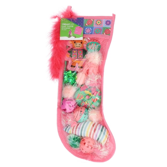 Vibrant Life Holiday Cat Toys Stocking, Pink, 18 Pieces