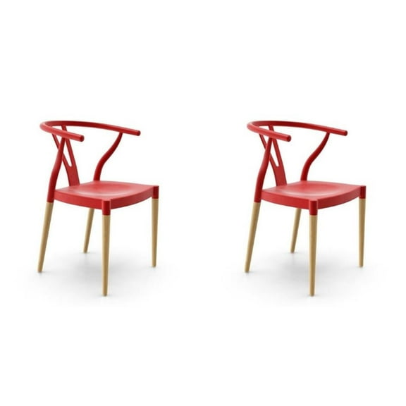 Pemberly Row Dining Chair with Natural Wood Legs in Red (Set of 2)