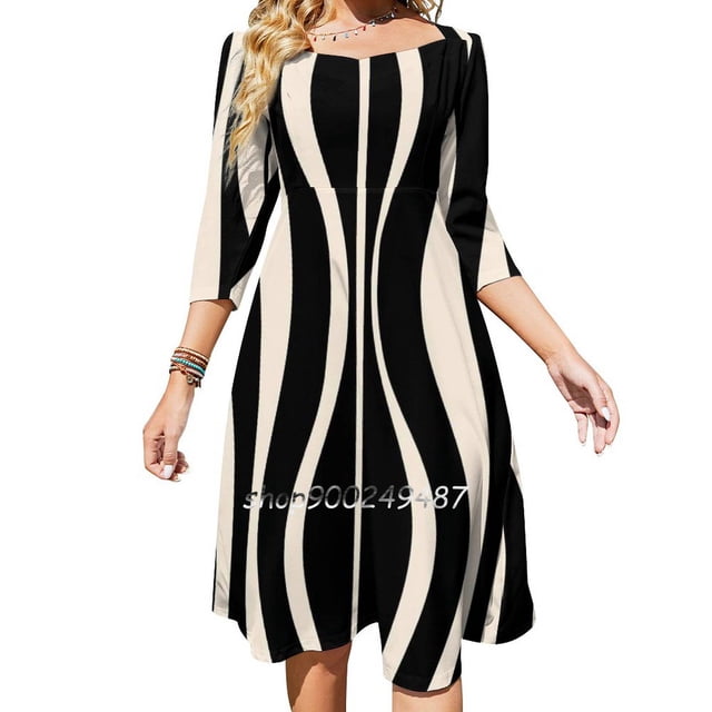 Vestido elegante y dulce con cuello cuadrado estilo kawaii coreano para mujer con estampado retro moderno de mediados de siglo y reloj de arena
