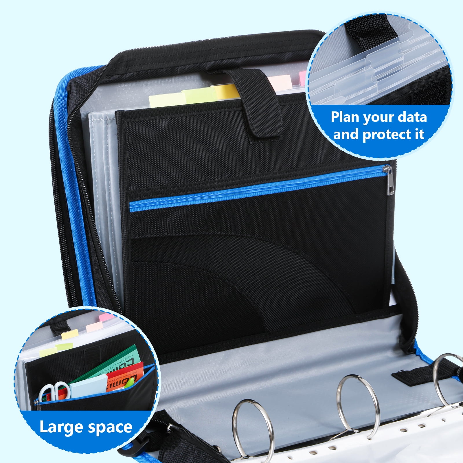 ViVin Zipper Binder 2 Inch O-Ring 450 Sheet Capacity, Multiple Tap Zip Pockets, Office Supplies, Blue