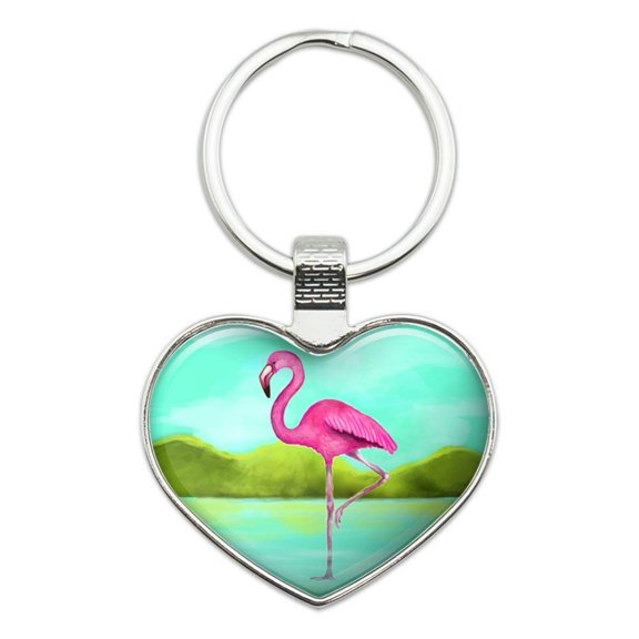 Pink Flamingo in Water Heart Love Metal Keychain Key Chain Ring
