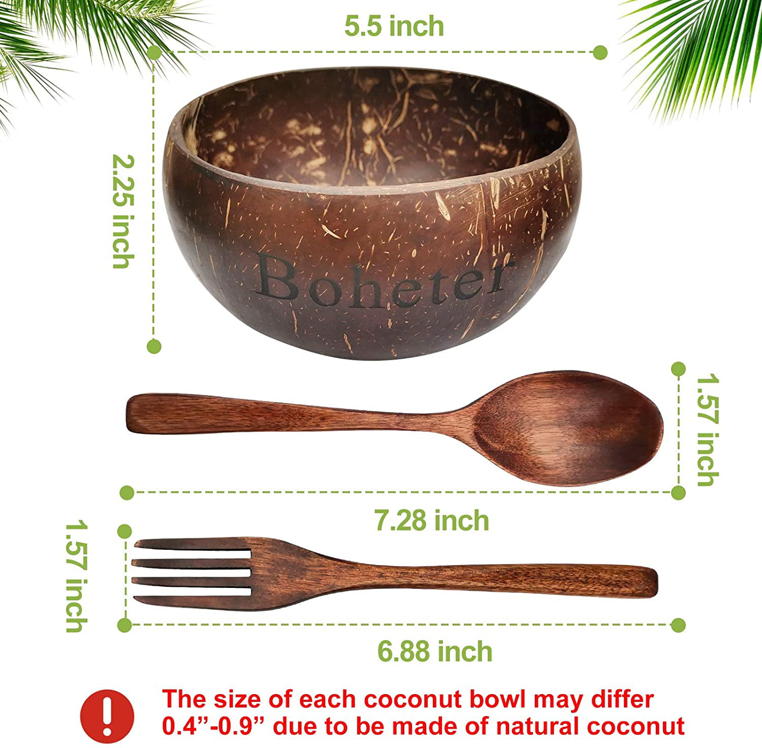 Coconut Bowl RoserRose Set de 2 Boles de Coco con Cubiertos Ecológico y Sostenible Tazones de Coco Natural Cuenco de Madera Hecho a Mano 100% Natural Buddha Bowl 