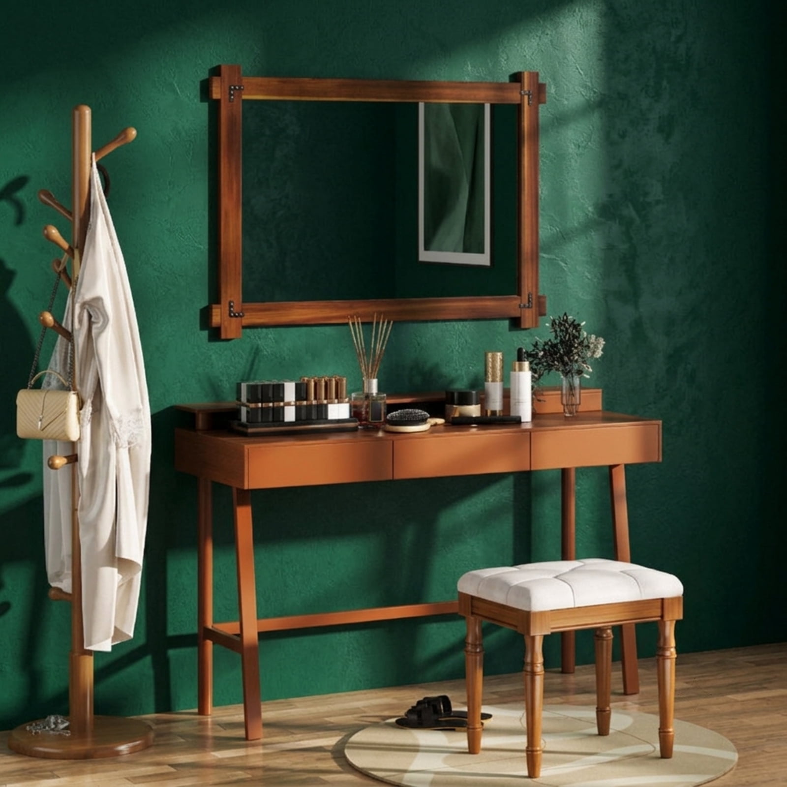 Vebreda 40" x 28.5" Wood Framed Wall Mirror with Acacia Wood Frame, Shatterproof HD Glass and Vintage Rivet Design, Brown