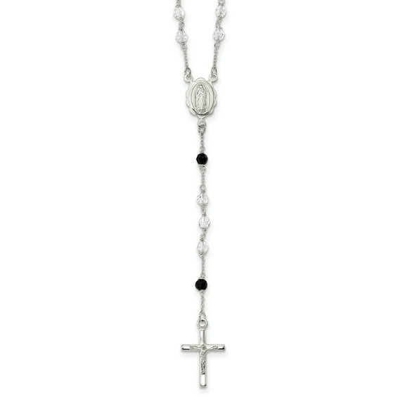 Sterling Silver Polished and Black Crystal Bead Rosary 23.5 inch Necklace QH5134