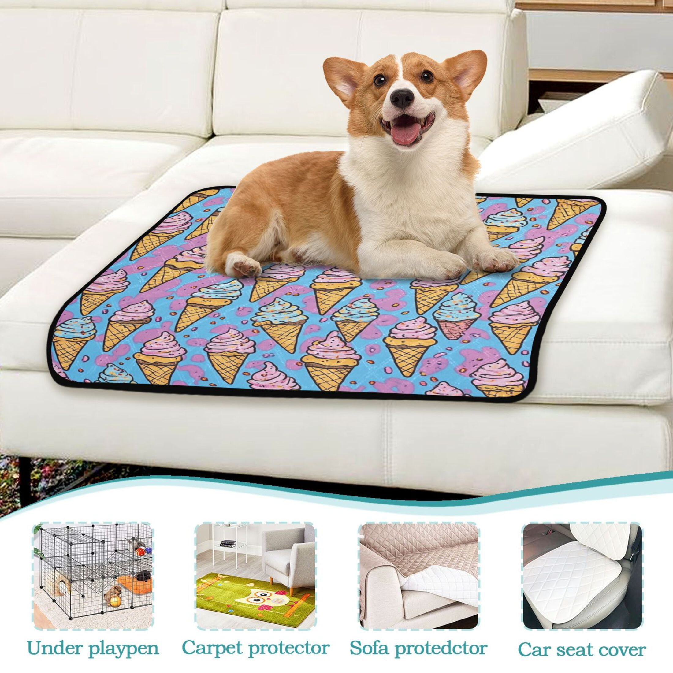 Qxltty Ice Cream Cones Cartoon Patterns Cat litter Pads Pet Set of 2 Diaper Mats Center Anti-leakage Layer Absorbent Soft and Comfortable