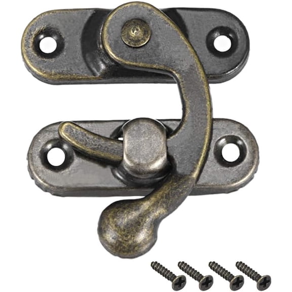 Vintage Lock Clasp Right Latch Hook Hasp 42mm x 37mm Swing Arm Latch Plated Bronze, 5 Pcs With Screws