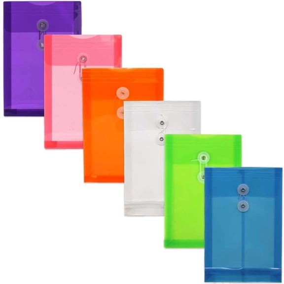 JAM Paper Plastic Envelopes, 6.3x9.3, Assorted, Button String, Open End, 12/Pack