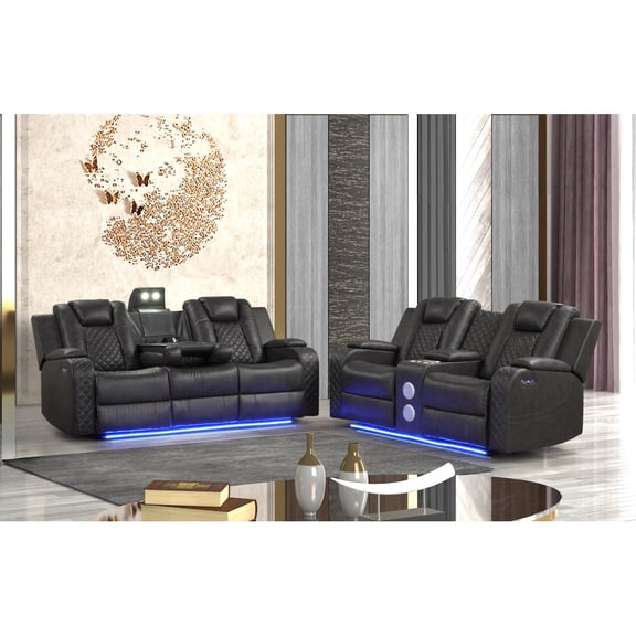 2-Piece Faux Leather Sofa Set for 4, Power Recliner Sofa with LED Light Strip, Storage Box and Built-in Cup Holders for Living Room