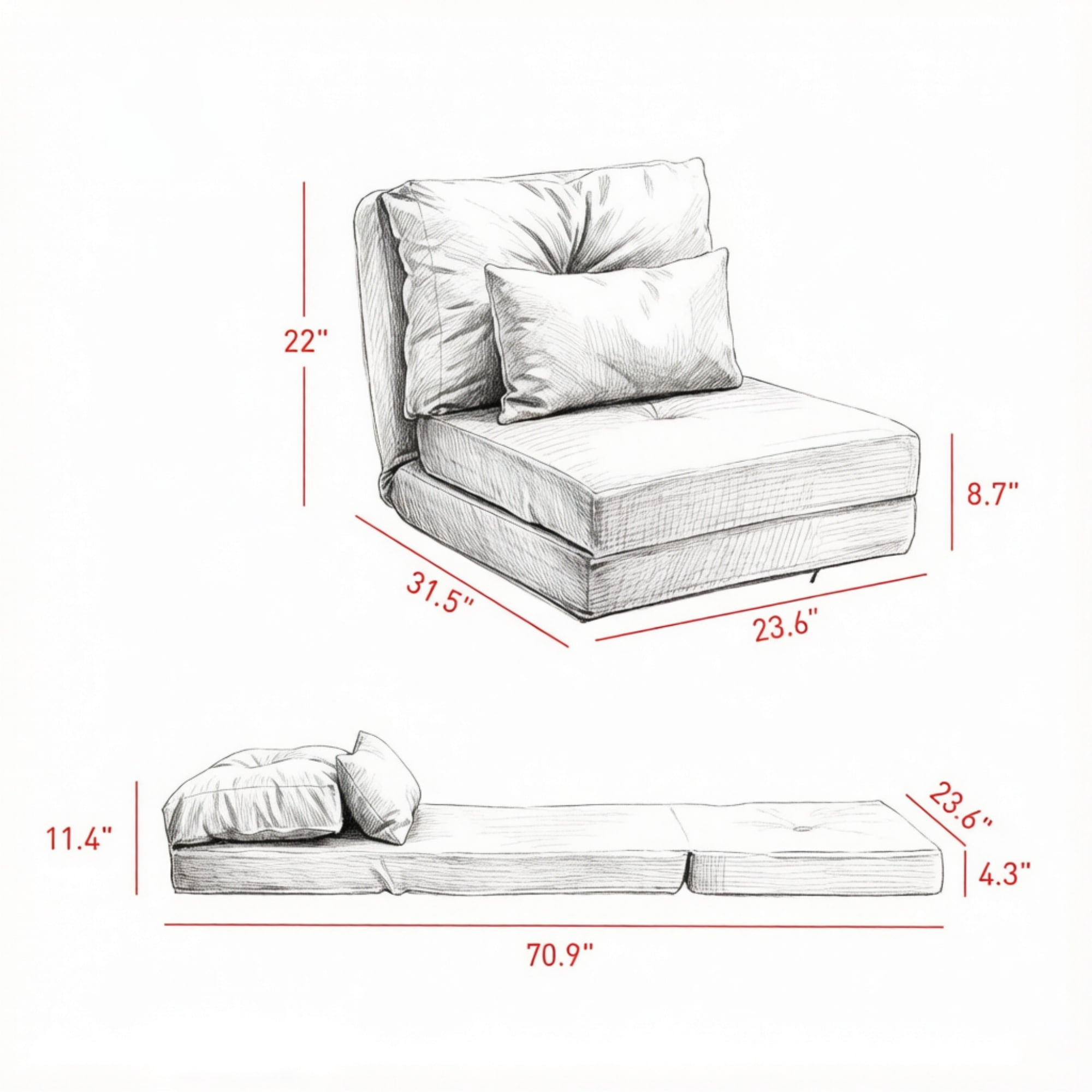 Beige Convertible Floor Sofa Bed, No Assembly Required Folding Upholstered Couch, Adjustable Backrest Floor Chair
