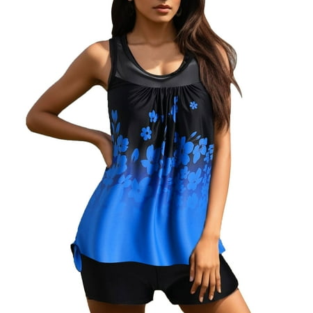 Women s Tankini Swimsuits Two Piece Floral Printed Tank Top With Boyshorts Suits Full Coverage Modest Bathing Suit For Women Swim Suits Blue XXXL