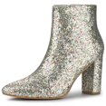 thumbnail image 1 of Botines De Tobillo Tacón Grueso Con Punta Puntiaguda De Brillo Para Mujer Plata 41, 1 of 8