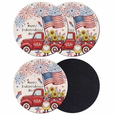 Independence Day Coasters Set of 4 Absorbent Coasters for Drinks USA Flag Blue Red Fireworks Truck Gnomes Coaster for Desk Coffee Table Protection Home Decor House Warming Gifts 4