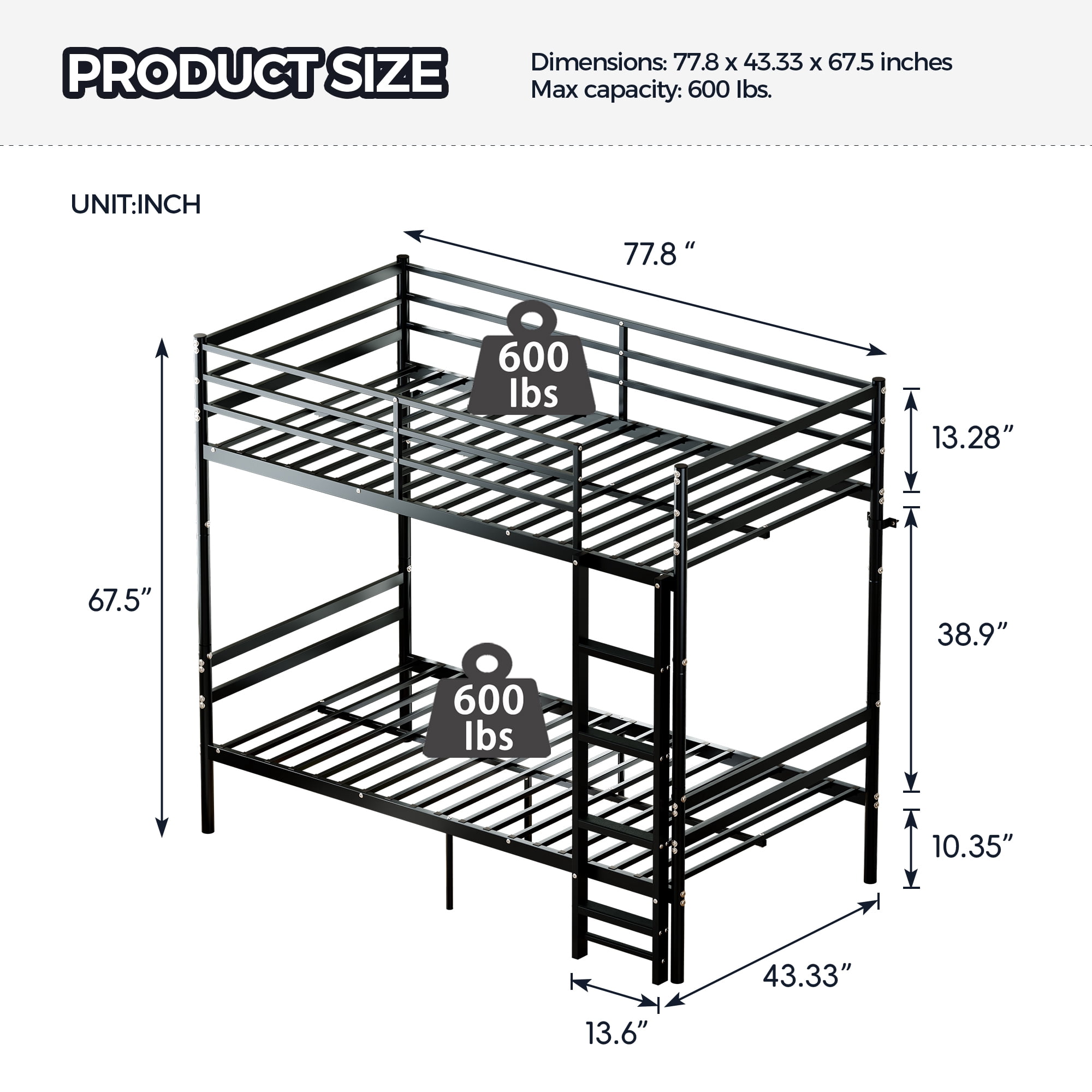 Mintazer Convertible Twin Over Twin Metal Bunk Bed with Ladder and Guardrails, Split Into 2 Separate Twin Beds, Black