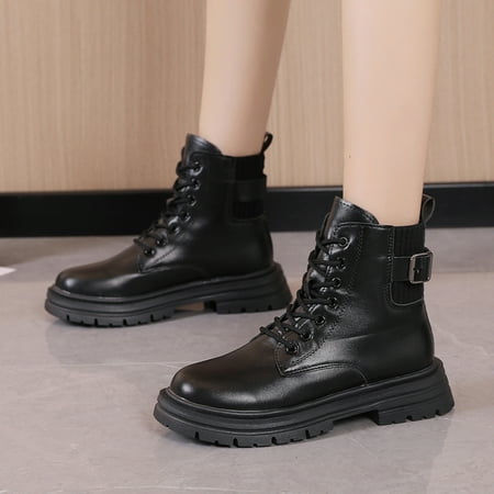 

Cathalem Boots Leather Women 11 Fashion Women Artificial Leather Solid Color Autumn Thick Sole Square Women Boots Flat Leather Black 7