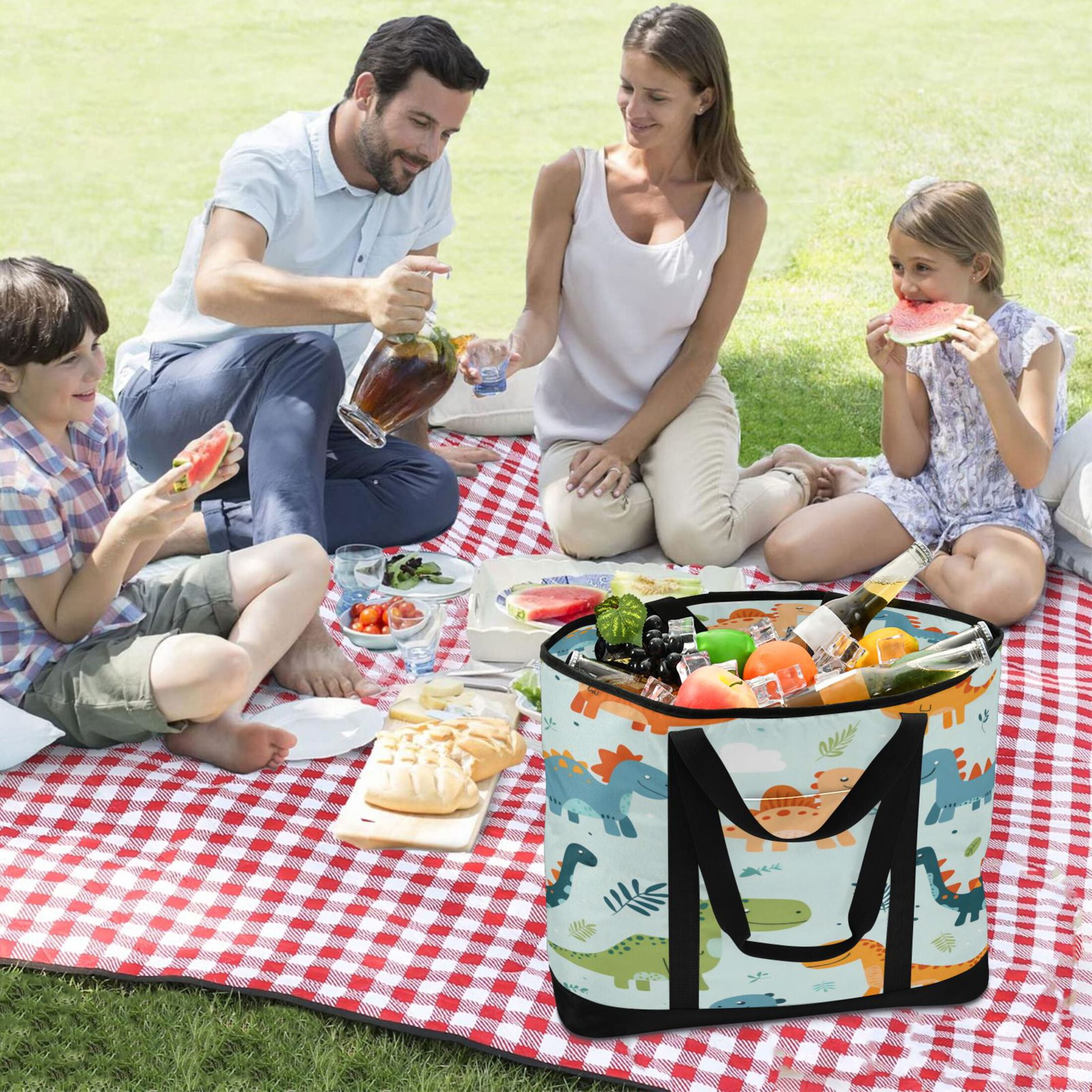 Large Hand-held Ice Pack Picnic Bag Insulation and Refrigeration Suitable for Shopping Picnics and Camping Polychromatic Dinosaur