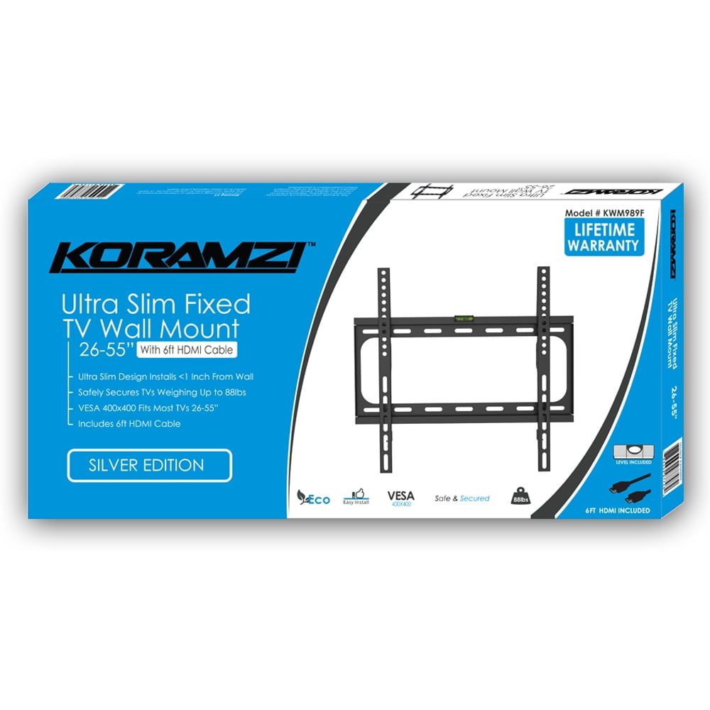 Koramzi KWM989F Wall Mount Fixed TV Mount with 3-Axis Bubble Level and 6 ft. HDMI Cable