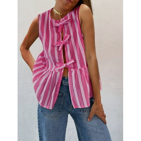 Tie Front Sleeveless Tank Top for Women 2024 Summer Ruffled Hem Stripe Lace Up Vest Open Front Babydoll Vest Tops Streetwear