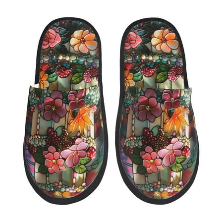 Balery Stained Glass Floral Cake Slient Indoor Furry Fleece Comfort House Shoes Soft Non-Slip Home Shoes Cotton slippers House Slippers-- Medium