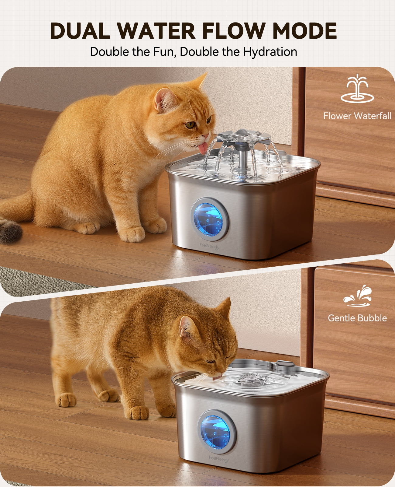 FeelNeedy Cat Water Fountain, 2.8L/95oz Stainless Steel Cat Fountain with 3 Filters, Ultra-quiet Automatic Pet Water Dispenser for Cats Indoor