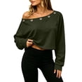thumbnail image 2 of Women's Off Shoulder Crop Top Grommet Detail Long Sleeve Casual Pullover Sweatshirt, 2 of 9