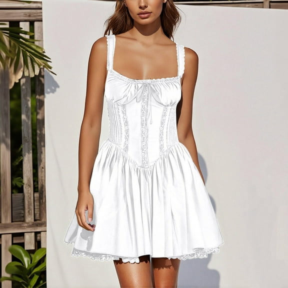 Odbmxy Sleeveless Women's Mini Dress Cocktail Lace Plus Size Women Dresses Party Tunic Vintage Square Neckline White Slim Dress