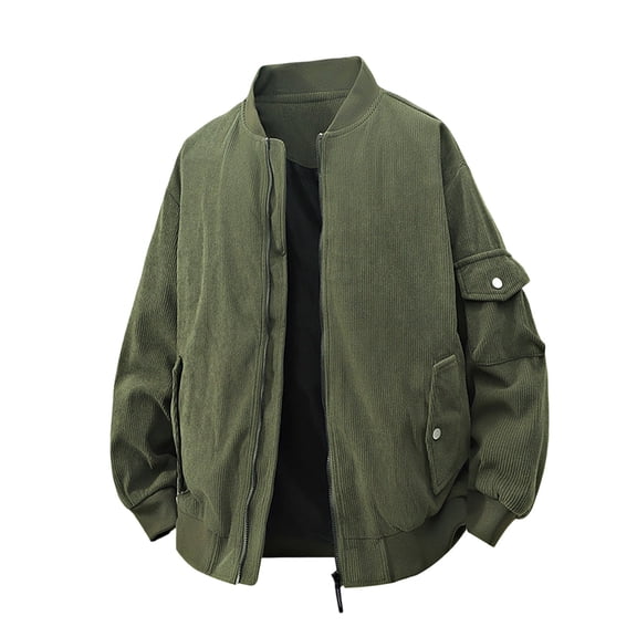 Men Corduroy Full Zip Multi Pocket Jacket, Loose Windproof Casual Streetwear Outerwear Soft Long Sleeve Coat For Spring Fall Daily Men Army Green XL