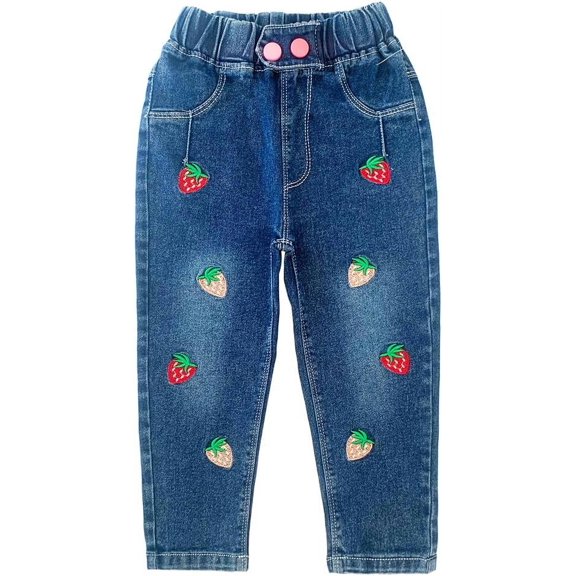 Peacolate 18Months - 9Years Girl Strawberry Embroidery Blue Denim Jeans,Strawberry,18Months